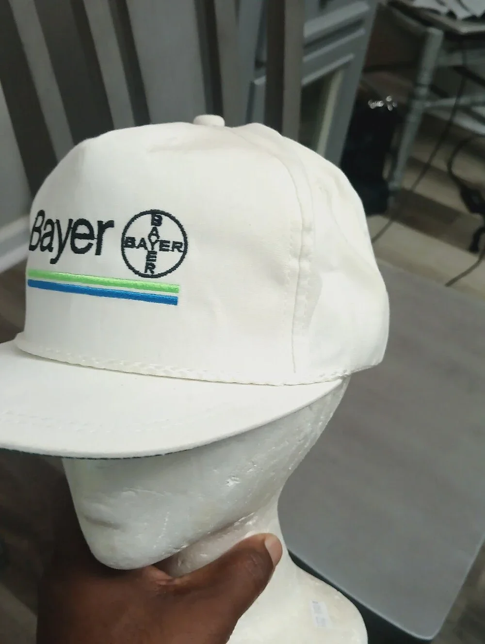 Men's Vintage Bayer Made In USA White Logo Cap - White with Blue & Green Stripe